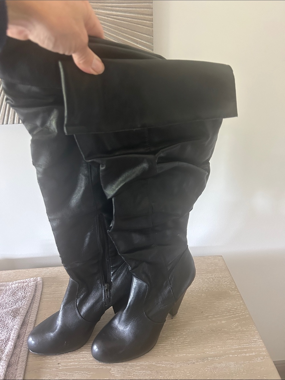 Black synthetic Leather Fold-Over Knee Boots  ( Soft )  Like New